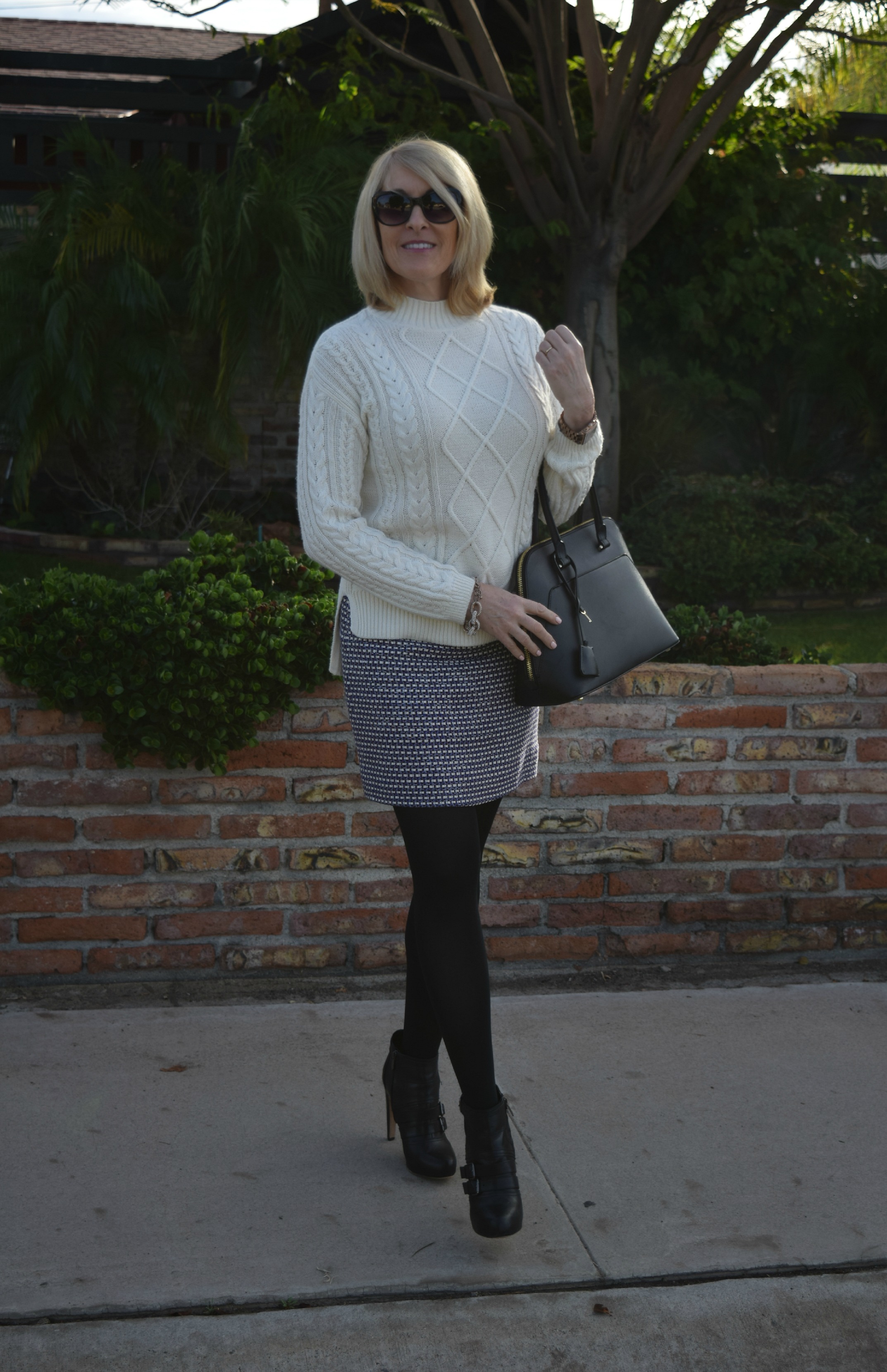 white sweater, blue tweed skirt 033e
